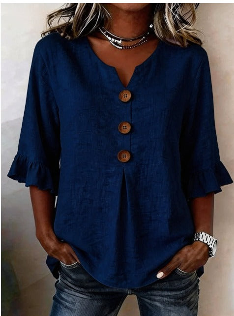 Astreya Solid Color Cotton-Linen Blouse with Wooden Buttons and Ruffles