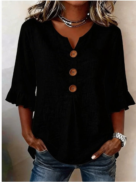 Astreya Solid Color Cotton-Linen Blouse with Wooden Buttons and Ruffles