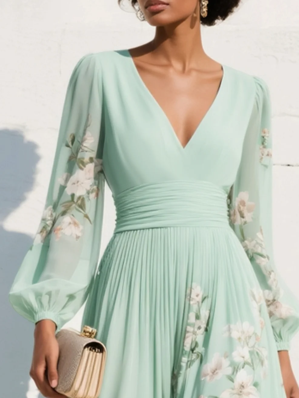 Rianne™ V-Neck Chiffon Pleated Floral Midi Dress