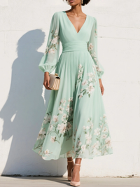 Rianne™ V-Neck Chiffon Pleated Floral Midi Dress
