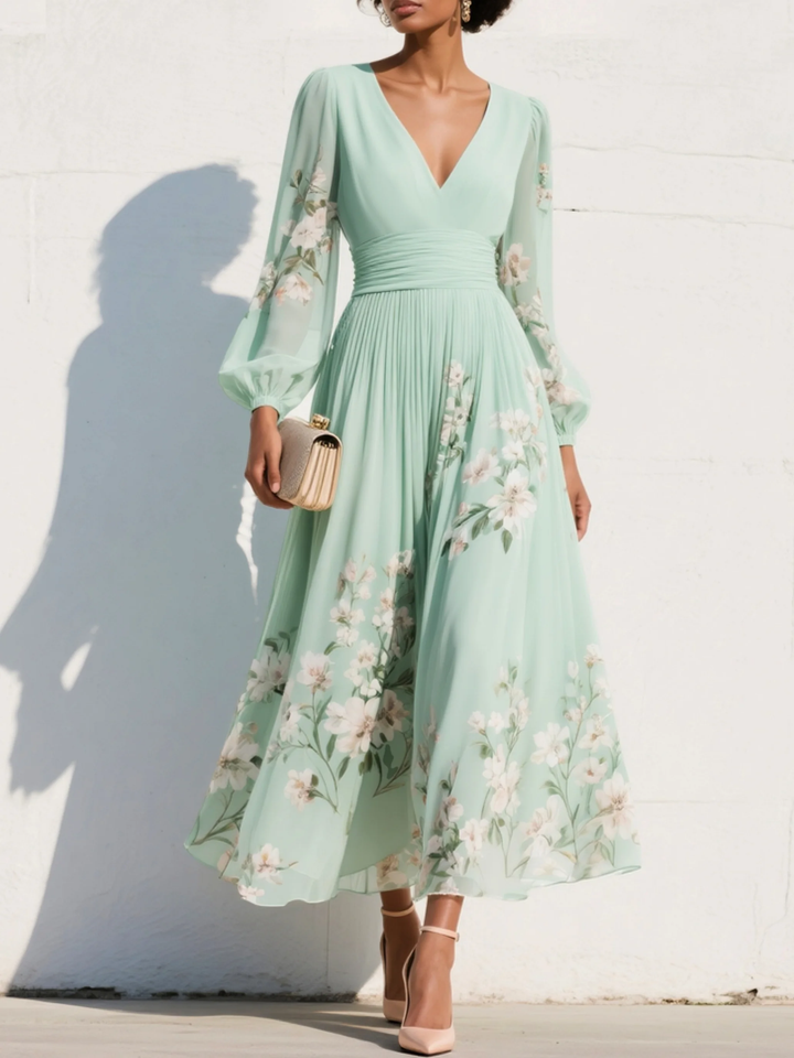 Rianne™ V-Neck Chiffon Pleated Floral Midi Dress