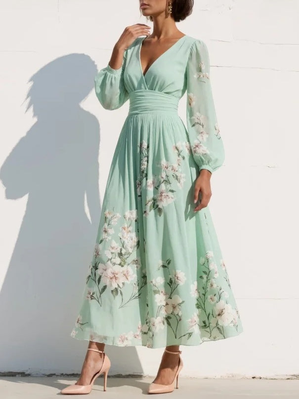 Rianne™ V-Neck Chiffon Pleated Floral Midi Dress