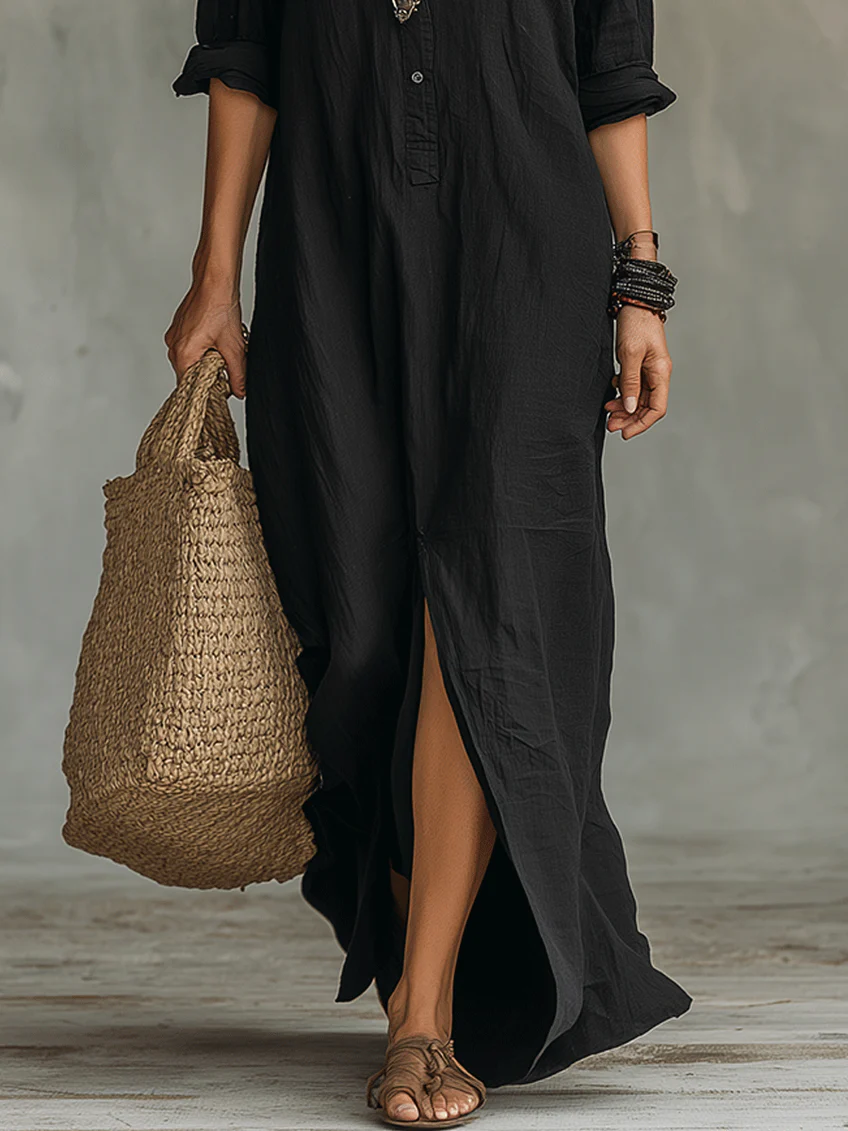 Samira | Loose Black Maxi Dress with Buttons
