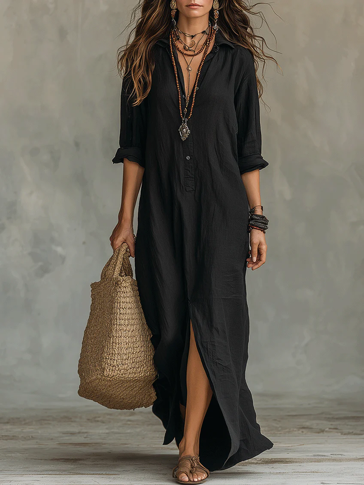 Samira | Loose Black Maxi Dress with Buttons