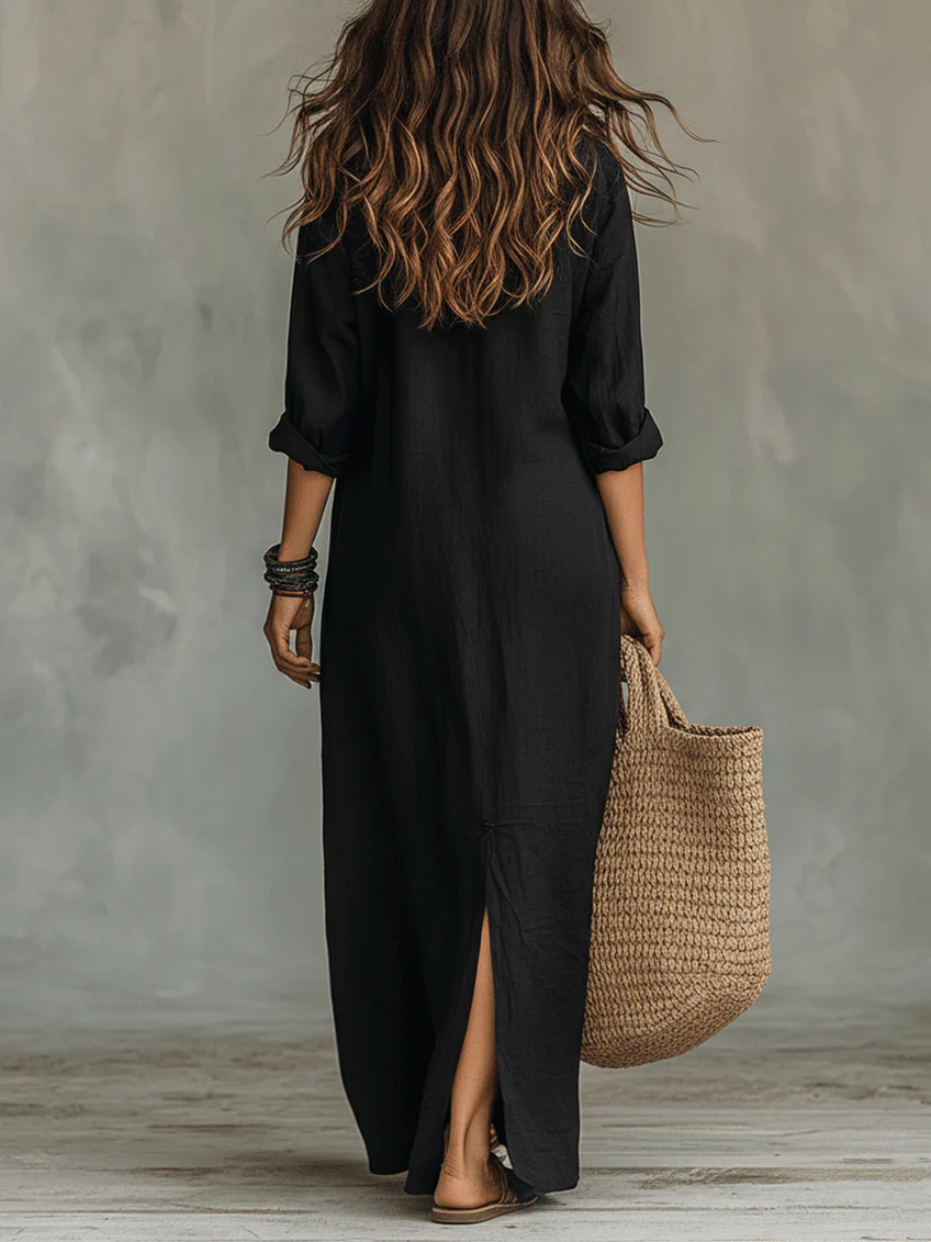 Samira | Loose Black Maxi Dress with Buttons