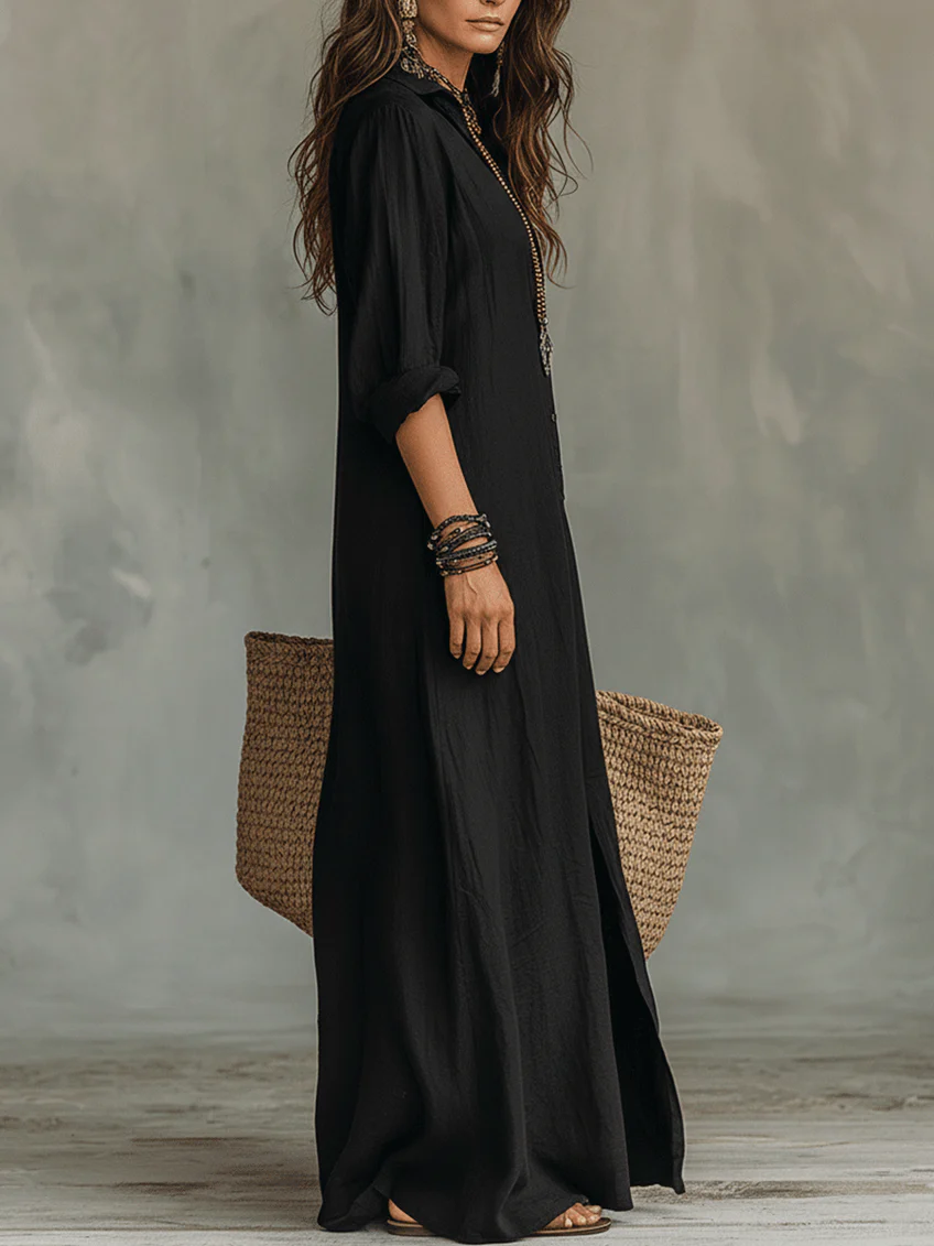Samira | Loose Black Maxi Dress with Buttons