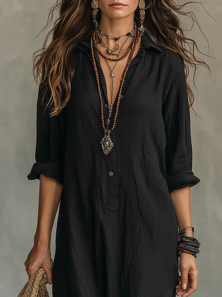 Samira | Loose Black Maxi Dress with Buttons