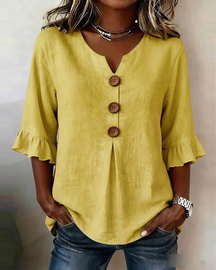 Astreya Solid Color Cotton-Linen Blouse with Wooden Buttons and Ruffles