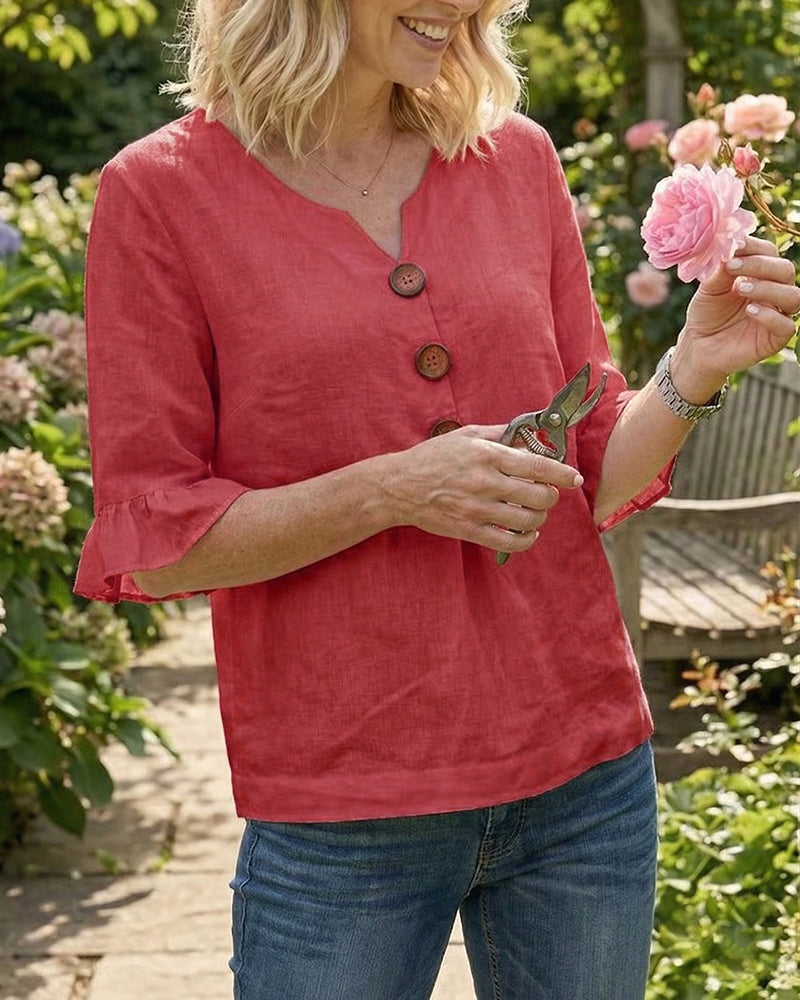 Astreya Solid Color Cotton-Linen Blouse with Wooden Buttons and Ruffles