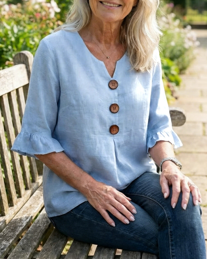 Astreya Solid Color Cotton-Linen Blouse with Wooden Buttons and Ruffles