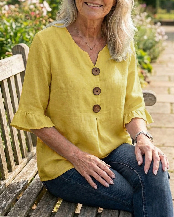 Astreya Solid Color Cotton-Linen Blouse with Wooden Buttons and Ruffles