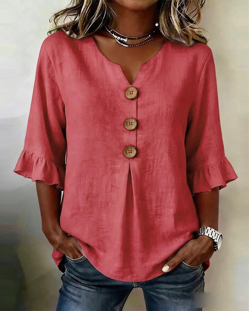 Astreya Solid Color Cotton-Linen Blouse with Wooden Buttons and Ruffles