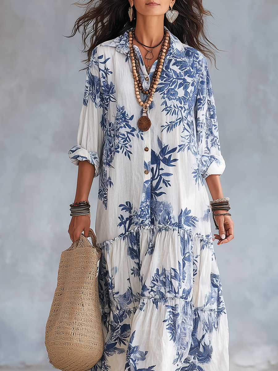 Yasmin - Blue Floral Button-Down Maxi Dress