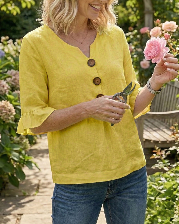 Astreya Solid Color Cotton-Linen Blouse with Wooden Buttons and Ruffles