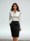 Silvara™ | Elegant White Satin Blouse With Draped Neckline