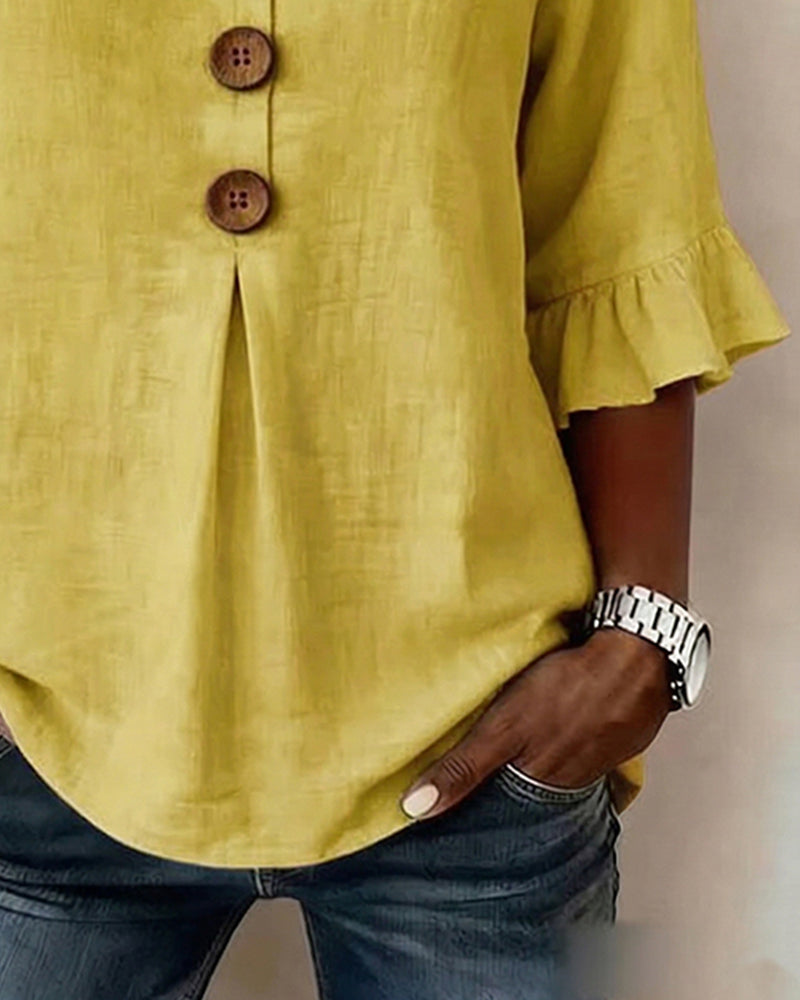 Astreya Solid Color Cotton-Linen Blouse with Wooden Buttons and Ruffles