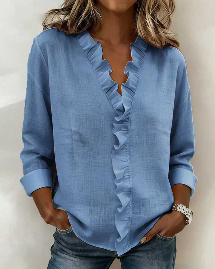 Daphne | Blouse with Ruffles, V-Neck and Long Sleeves