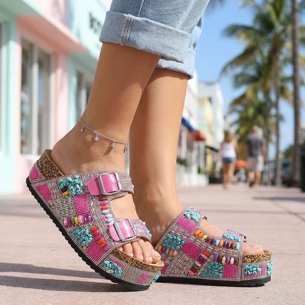 Juliana - Beaded Platform Slides