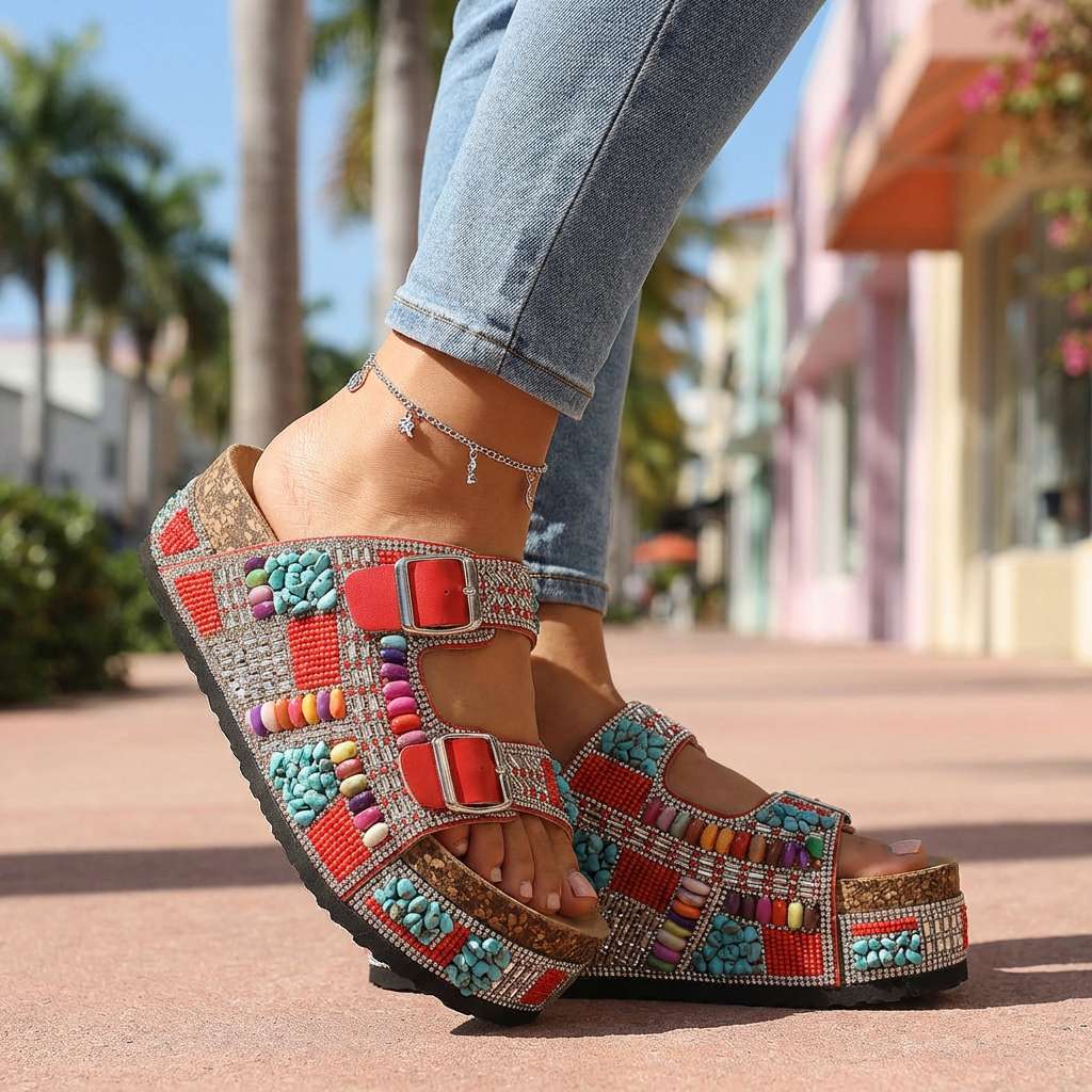 Juliana - Beaded Platform Slides
