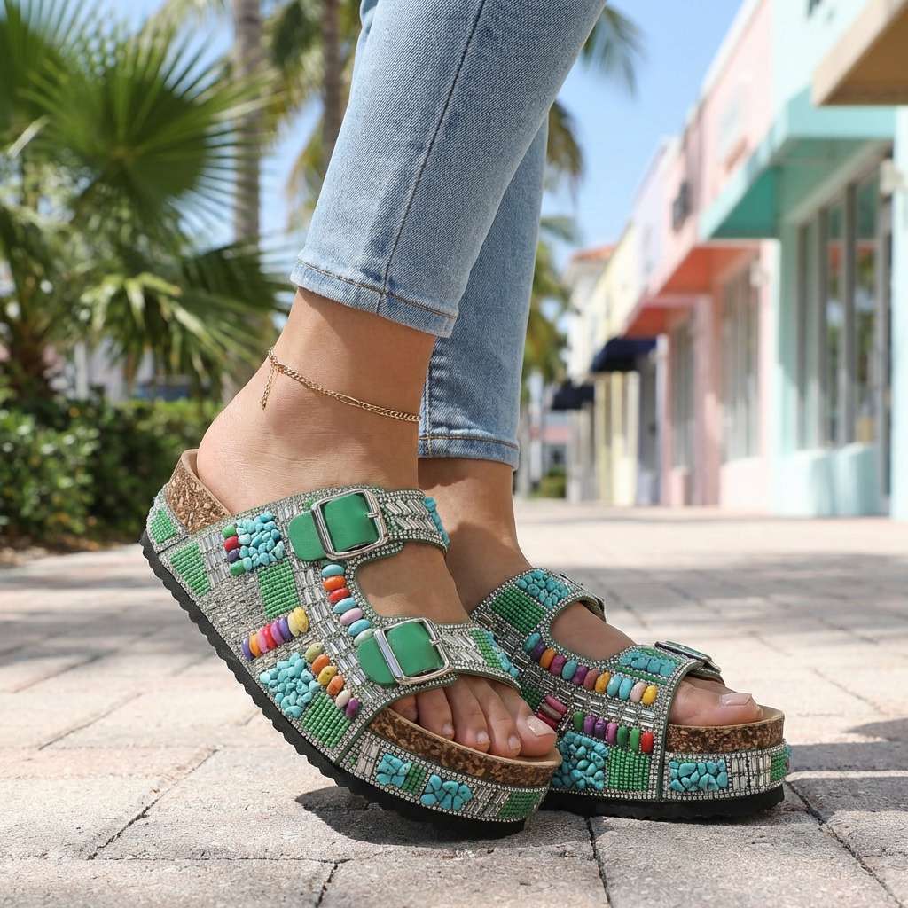 Juliana - Beaded Platform Slides