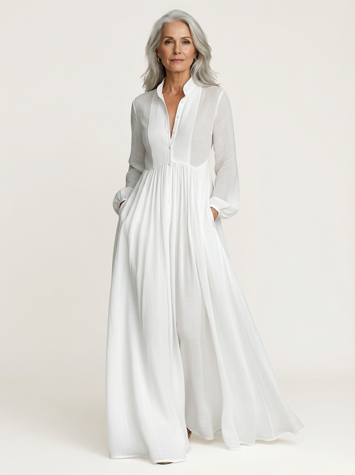 Vilusa | Maxi Minimalist Dress with Patchwork High Collar and Long Sleeves