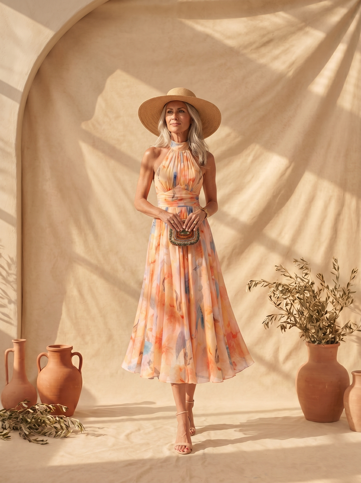 Zaria - Watercolor Print Halter Maxi Dress