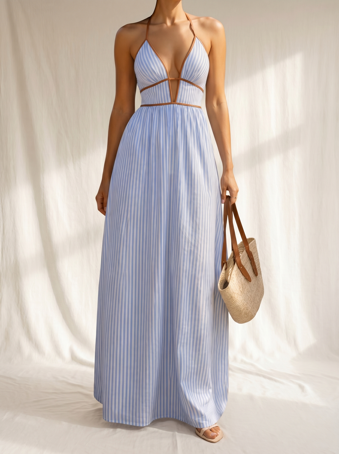 Calliope - Striped Maxi Dress with Cut-out Neckline