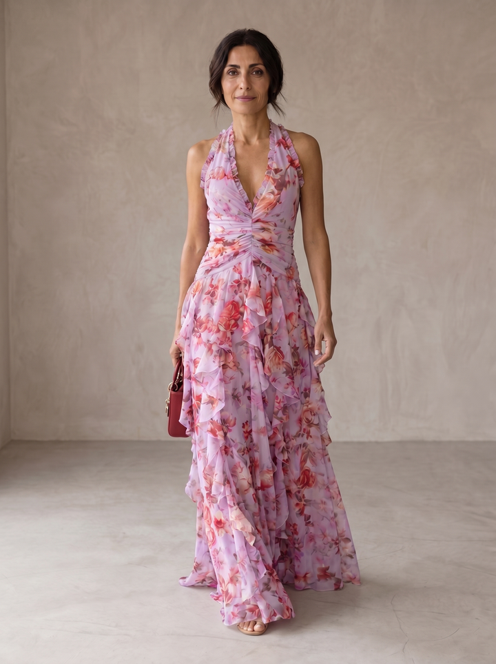 Sirena - Romantic Rose Cascade Halter Maxi Dress