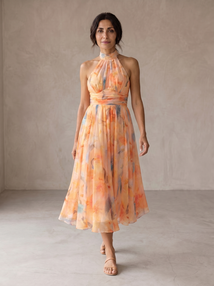 Zaria - Watercolor Print Halter Maxi Dress