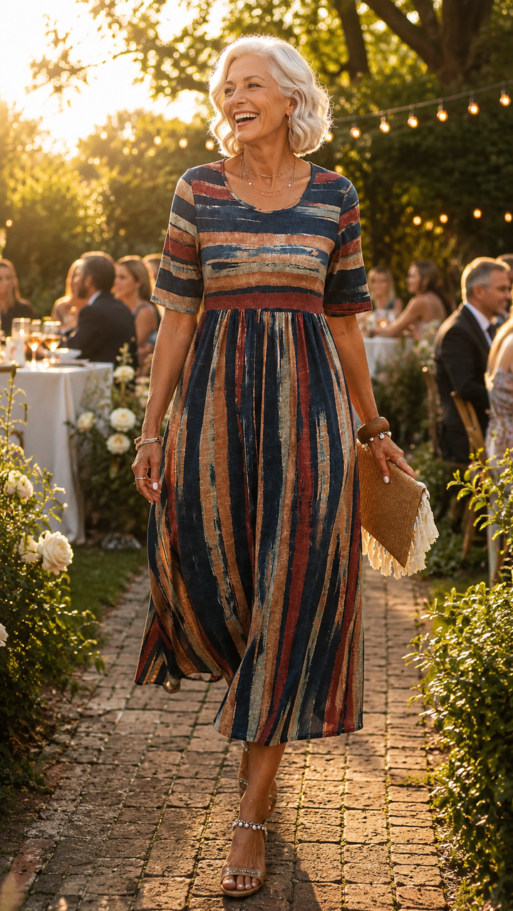 Marena - Striped Tummy-Flattering Midi Dress