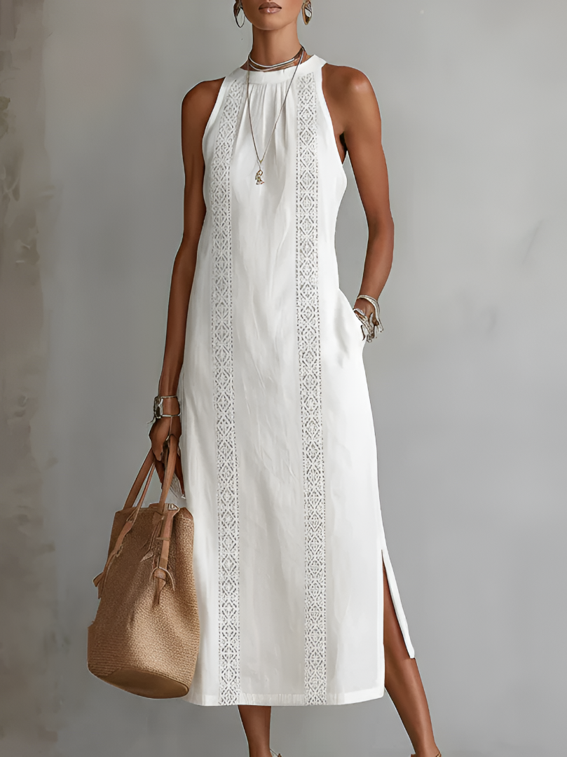 Adeline - Linen Midi Dress with Mandarin Collar