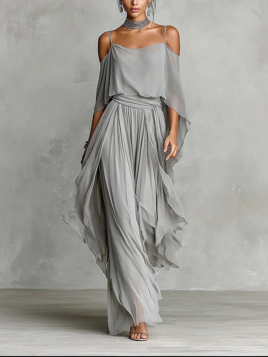 Sienna | Gray fluid suit with spaghetti strap top and lightweight pants