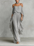 Sienna | Gray fluid suit with spaghetti strap top and lightweight pants