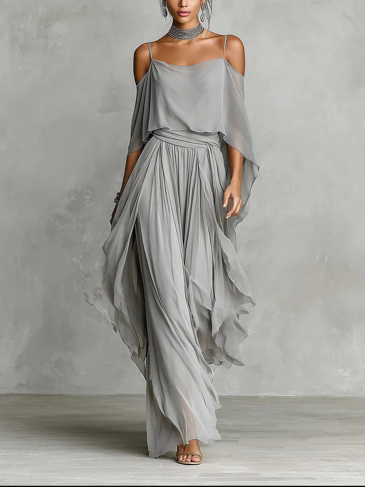 Sienna | Gray fluid suit with spaghetti strap top and lightweight pants