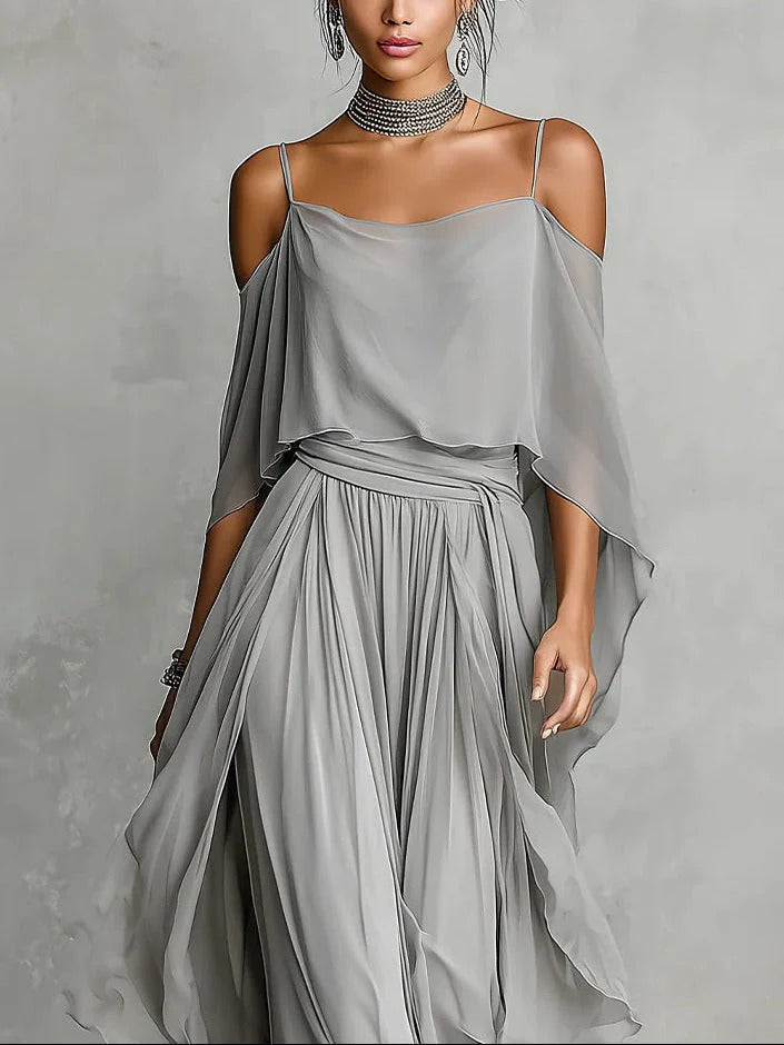 Sienna | Gray fluid suit with spaghetti strap top and lightweight pants