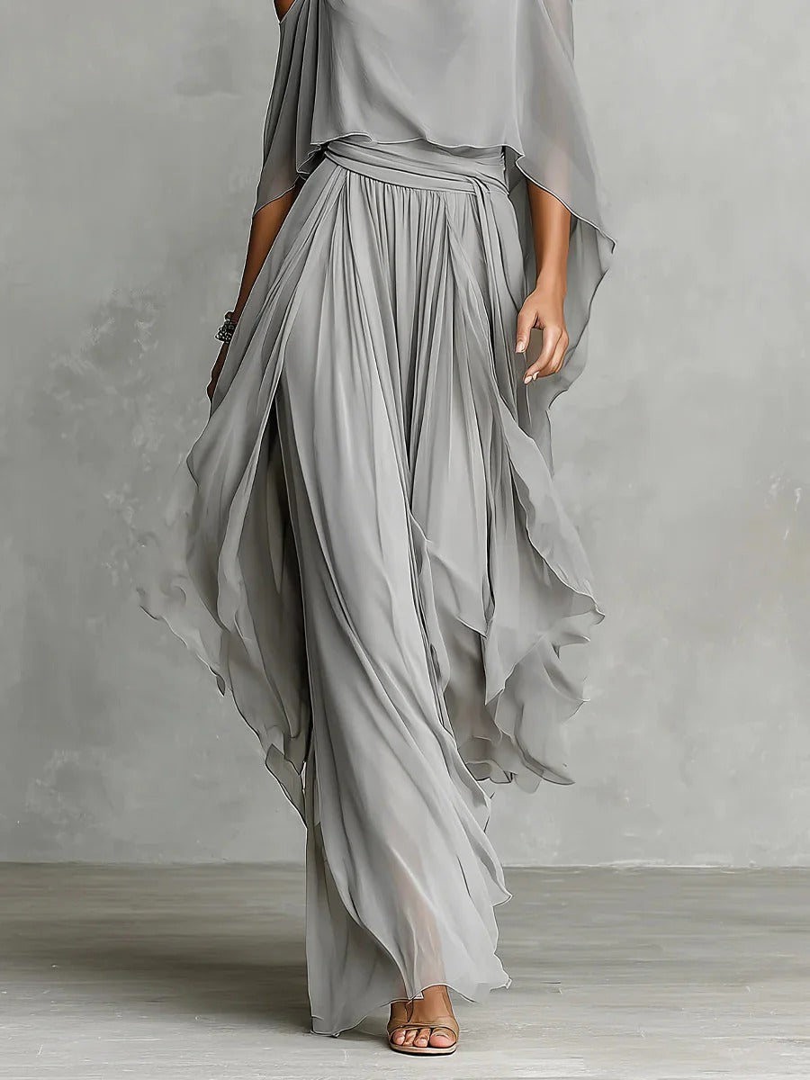 Sienna | Gray fluid suit with spaghetti strap top and lightweight pants