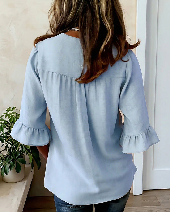 Astreya Solid Color Cotton-Linen Blouse with Wooden Buttons and Ruffles