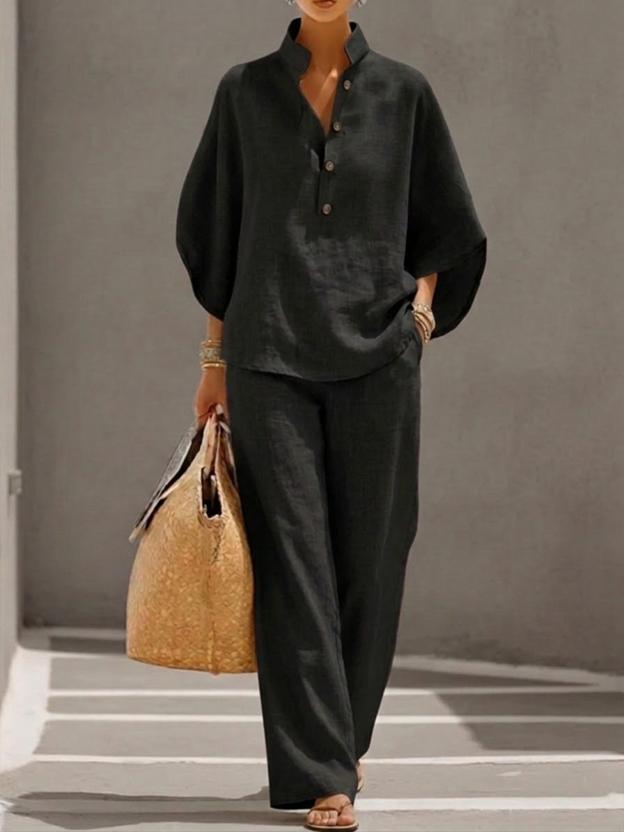 Tessa | Linen Set with Batwing Sleeves and Wide Pants