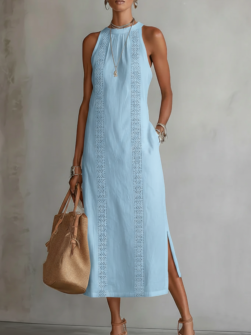 Livia - Midi Linen Dress with Mao Collar