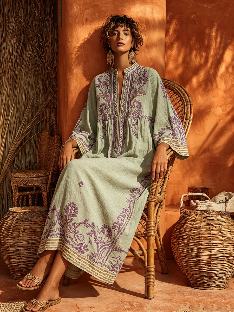 Amara - Embroidered Mediterranean Maxi Dress