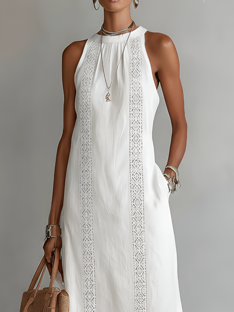 Adeline - Linen Midi Dress with Mandarin Collar