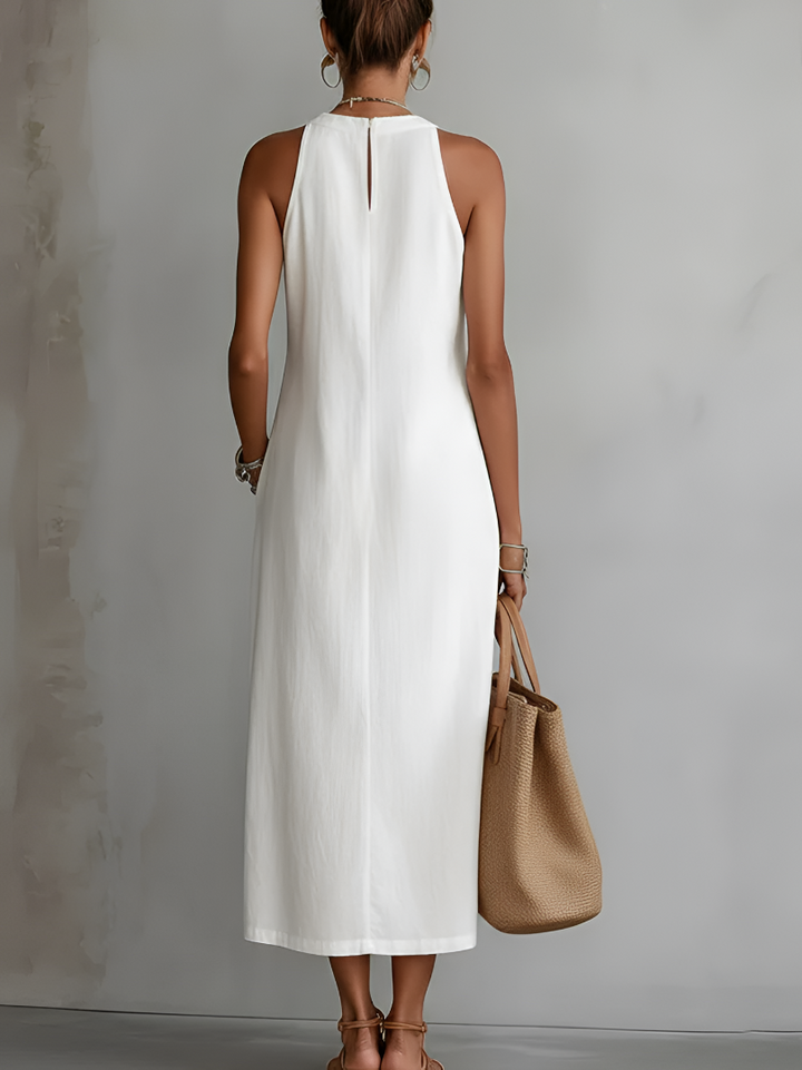 Adeline - Linen Midi Dress with Mandarin Collar