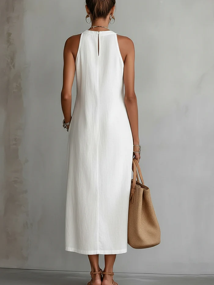Livia - Midi Linen Dress with Mao Collar