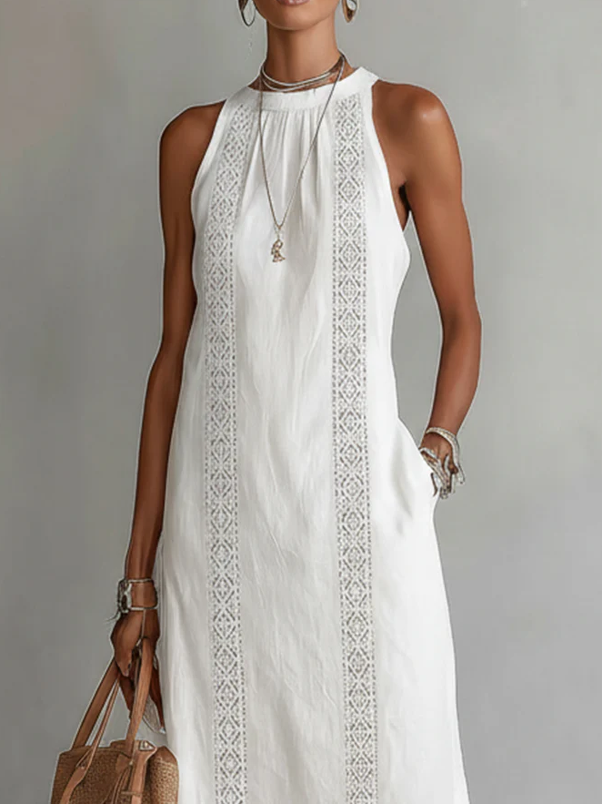 Livia - Midi Linen Dress with Mao Collar
