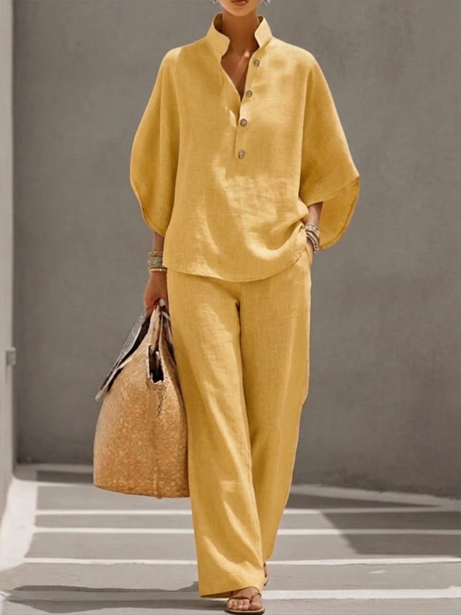 Tessa | Linen Set with Batwing Sleeves and Wide Pants