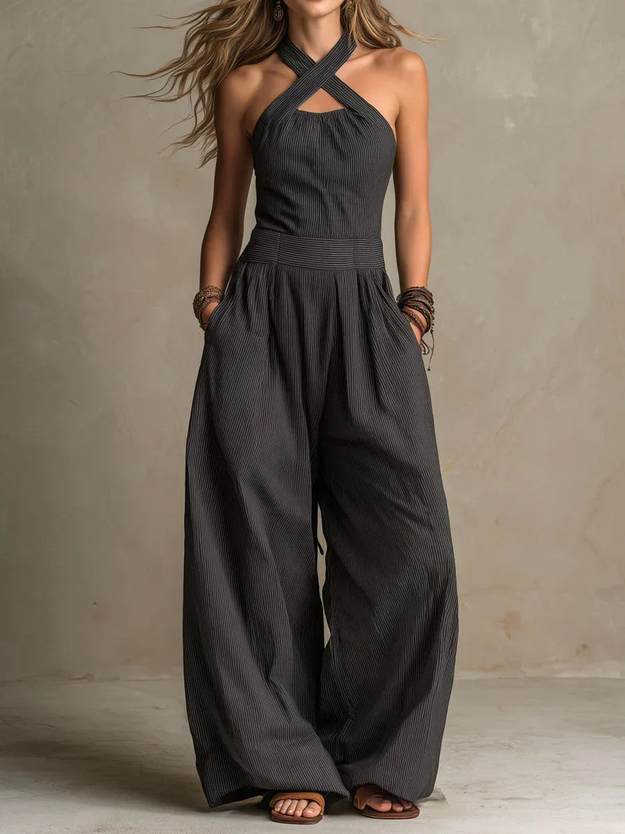 Sovrane | Linen and Cotton Jumpsuit with Elegant Crossed Neckline