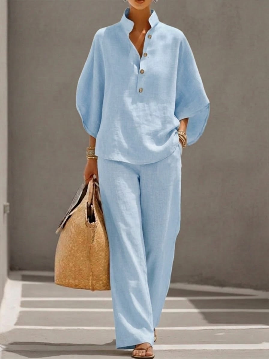 Tessa | Linen Set with Batwing Sleeves and Wide Pants