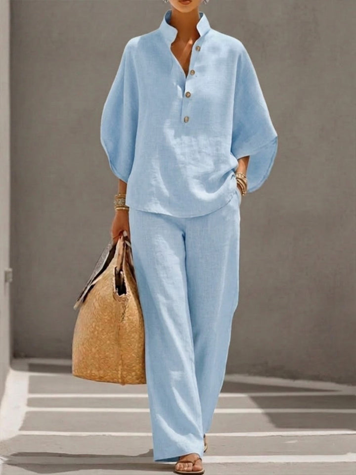 Tessa | Linen Set with Batwing Sleeves and Wide Pants