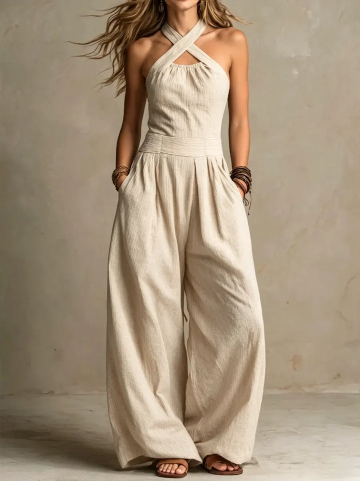 Sovrane | Linen and Cotton Jumpsuit with Elegant Crossed Neckline
