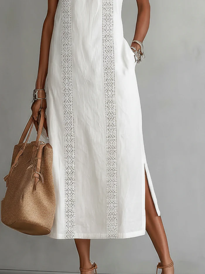 Livia - Midi Linen Dress with Mao Collar